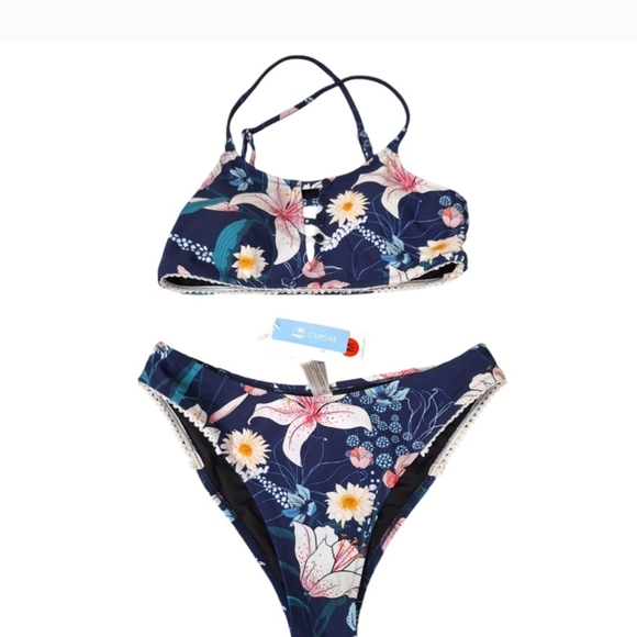 Cupshe Navy Floral Cutout Bikini with buttons Size Medium - Picture 3 of 7